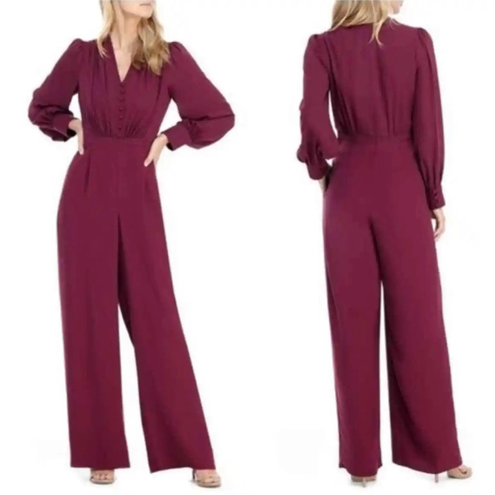 Gal Meets Glam Size 4 Jessamyn V-Neck Long Sleeve Jumpsuit Boysenberry NWT